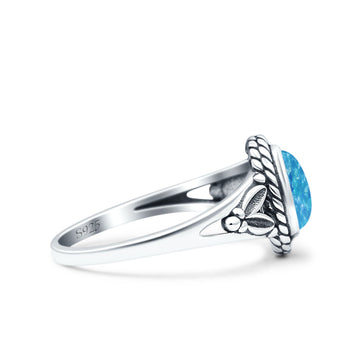 Filigree Petite Dainty Lab Opal Ring Solid Oval Oxidized Lab Created Blue Opal 925 Sterling Silver